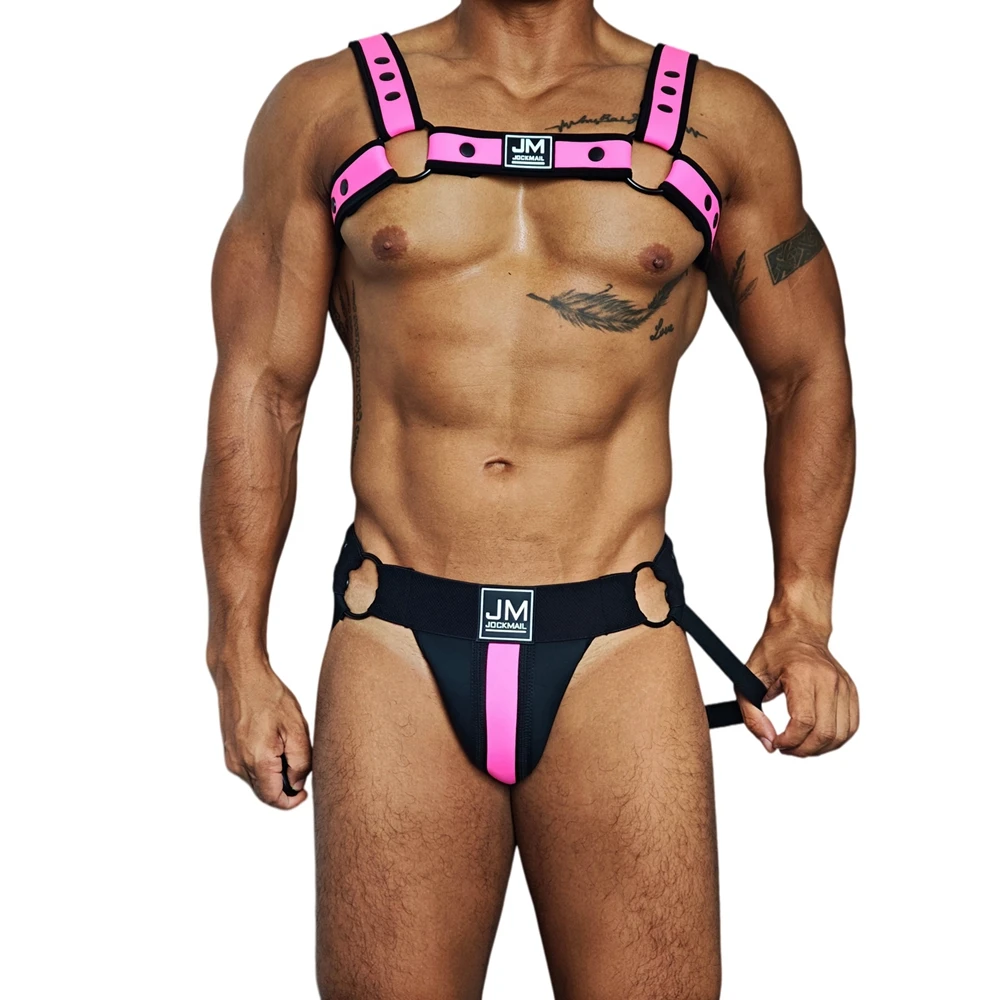 JOCKMAIL Men Harness Shoulder Strap Tank Top Jockstrap Two Piece Bodysuit  Lingerie Sets Neoprene Adjust  Athletic Supporters