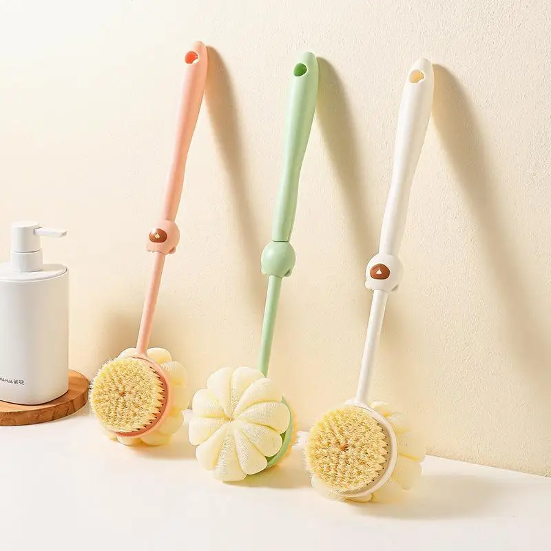 2 In 1 Long Handle Bath Brush With Soft Bristles And Loofah Puff For Home Shower Back Scrubbing Body Cleaning