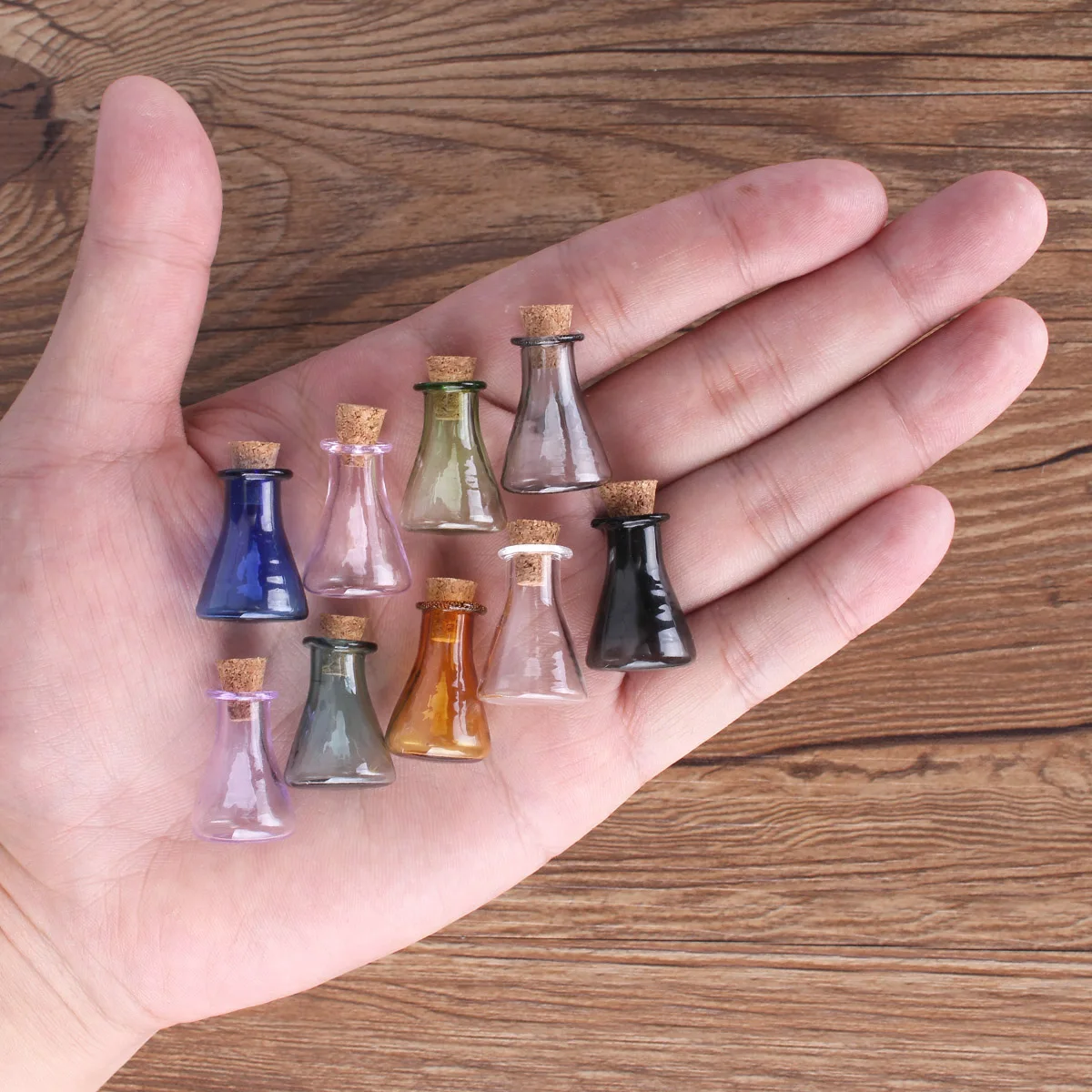 9pcs Cute Colored Miniature Flask Glass Bottles with Cork Stopper Small Vials for Dollhouse Decoration DIY Crafts
