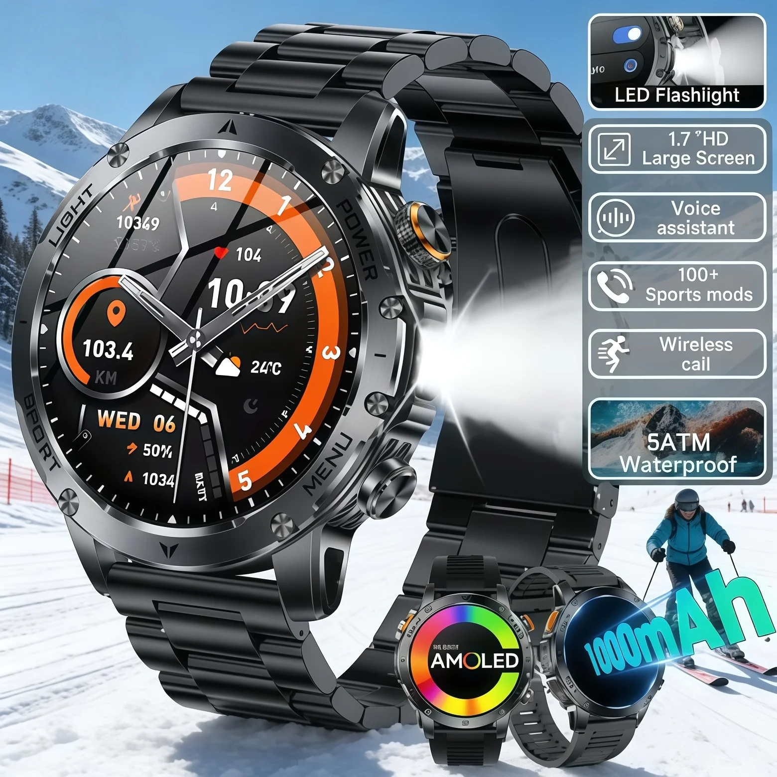 

2025 New GPS Outdoor Sports Smart Watch Men AMOLED Screen NFC Flashlight Heart rate Waterproof Bluetooth Call 1000mAh SmartWatch