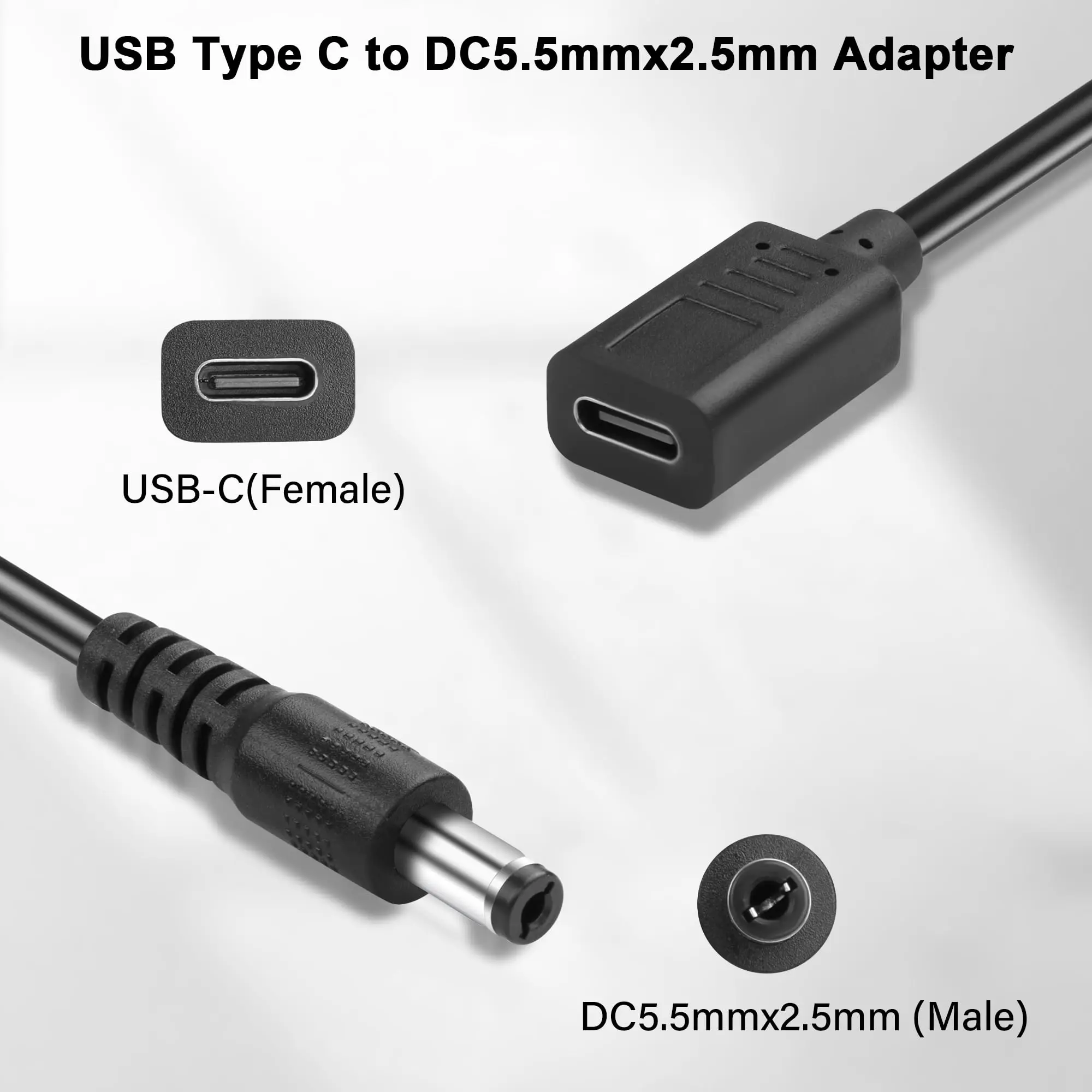 DC to USB-C Female Power Adapter Cable 5.5 x 2.5 2.1 Male to USB C Female PD Charger Power Bank 20V/5A 100W Laptop Router CCTV