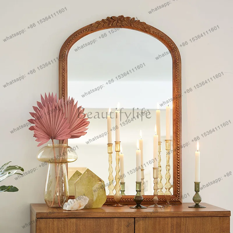 Retro carved wooden frame cosmetic mirror wall-mounted living room bedroom decorative mirror French simplicity