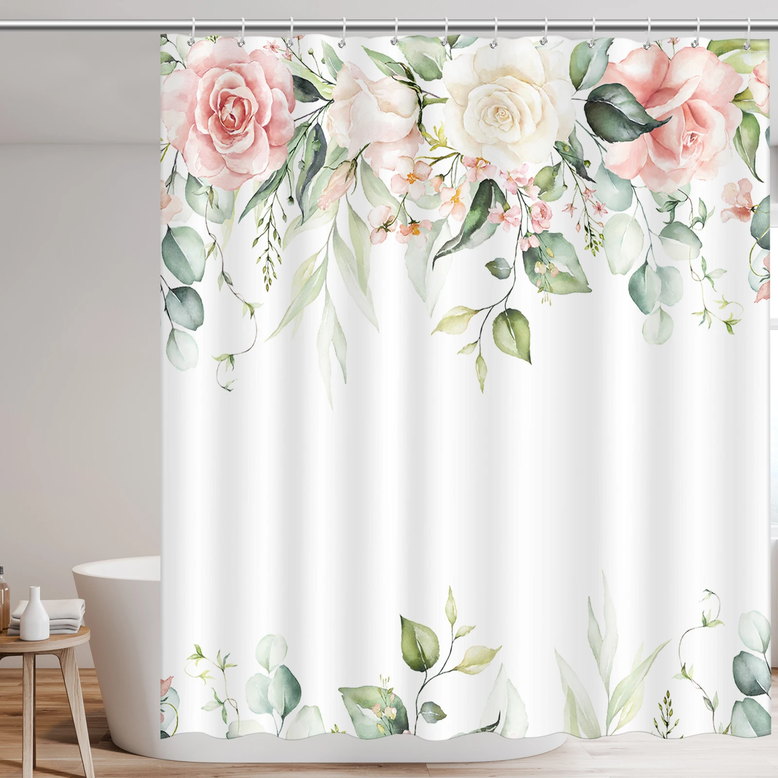 Waterproof polyester fabric Watercolor Pink Rose Flower Eucalyptus Leaves Fabric Shower Curtains with 12 Hooks, 183x183cm