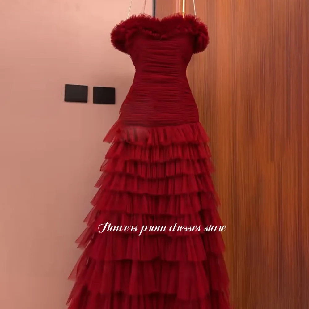 Flowers A Line Party Dresses Multilayers Evening Dresses Off Shoulder Prom Gowns فساتين السهرة Customized