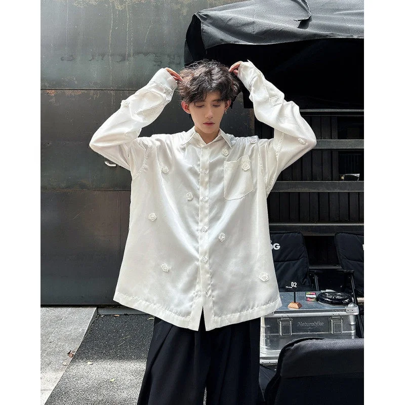 

Осенняя мужская рубашка ручной работы с длинным рукавом, из яркого ацетата, с дизайном белой розы, современная, приталенная, с воротником-стойкой.