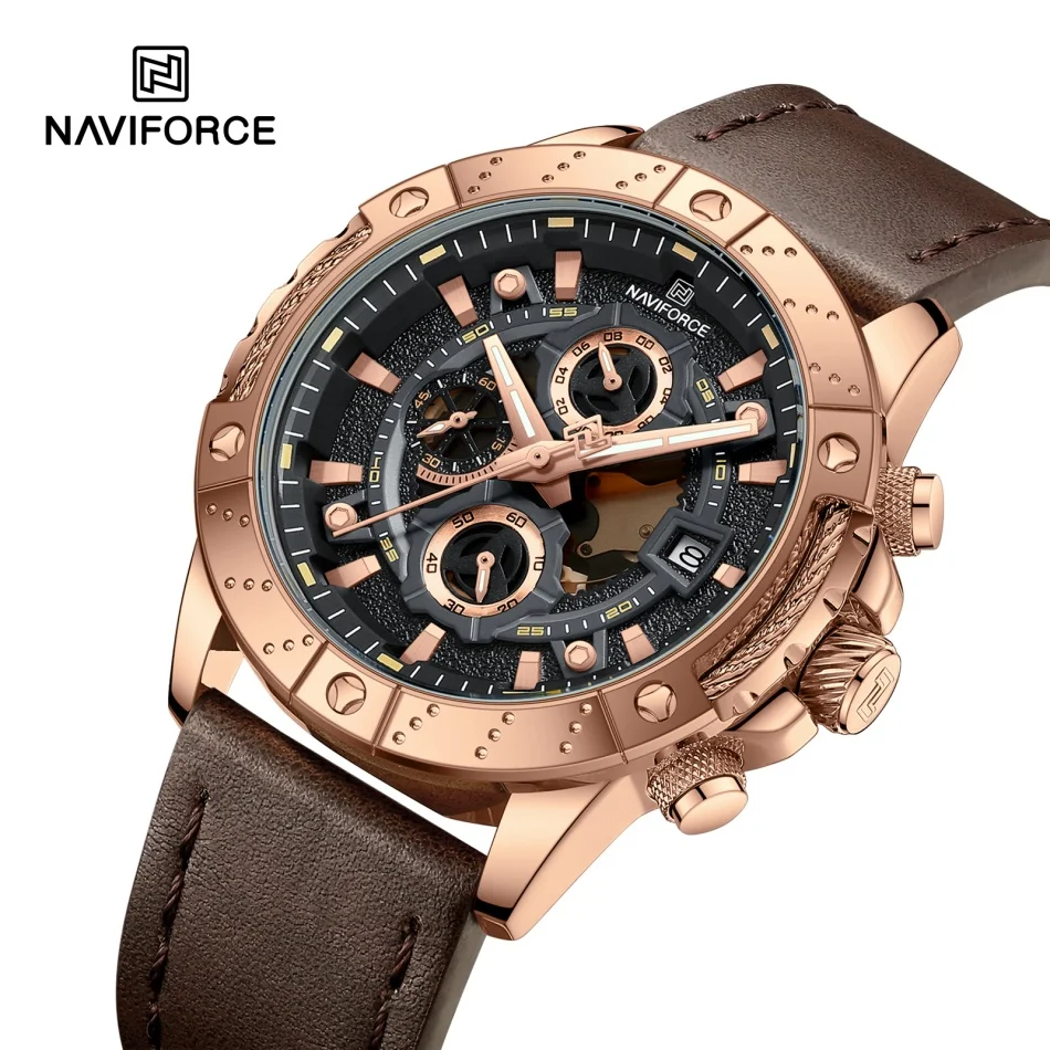 NAVIFORCE العلامة التجارية الأصلية ساعة رجالية فاخرة حلقة من جلد الرياضة كرونوغراف كوارتز ساعة اليد مقاوم للماء ساعة التقويم مضيئة