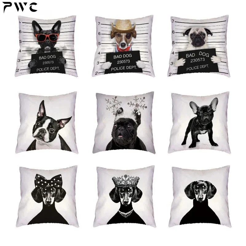 Bad Dogs Cushion Covers French Bulldog Pug Poodle Pillow Cover 45*45cm Polyester Peach Skin Pillowcase Home Sofa Chair Decorate