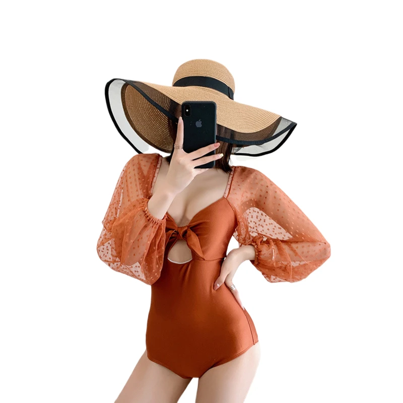 

Fashion Transparent Female Bodysuit Sexy Lingerie Mesh Lace Women Backless Strap One Piece Swimsuit Long Sleeved Ladies Swimwear