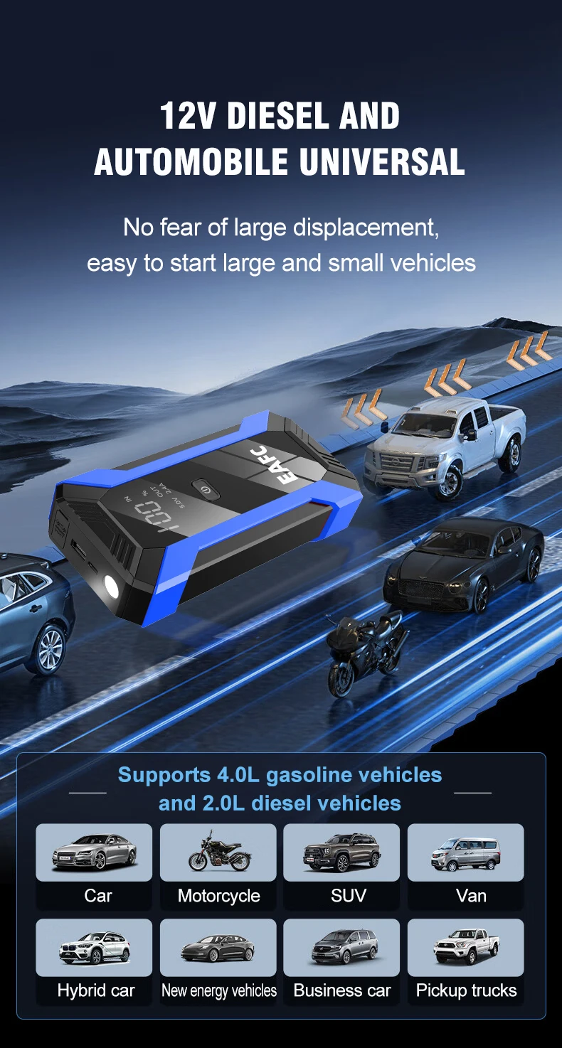 EAFC Auto Starthilfe Power Bank Spitzenstrom 1200A/2000A Tragbarer Auto-Booster Notfall-Batterieladegerät 12V Startgerät – Detail 3