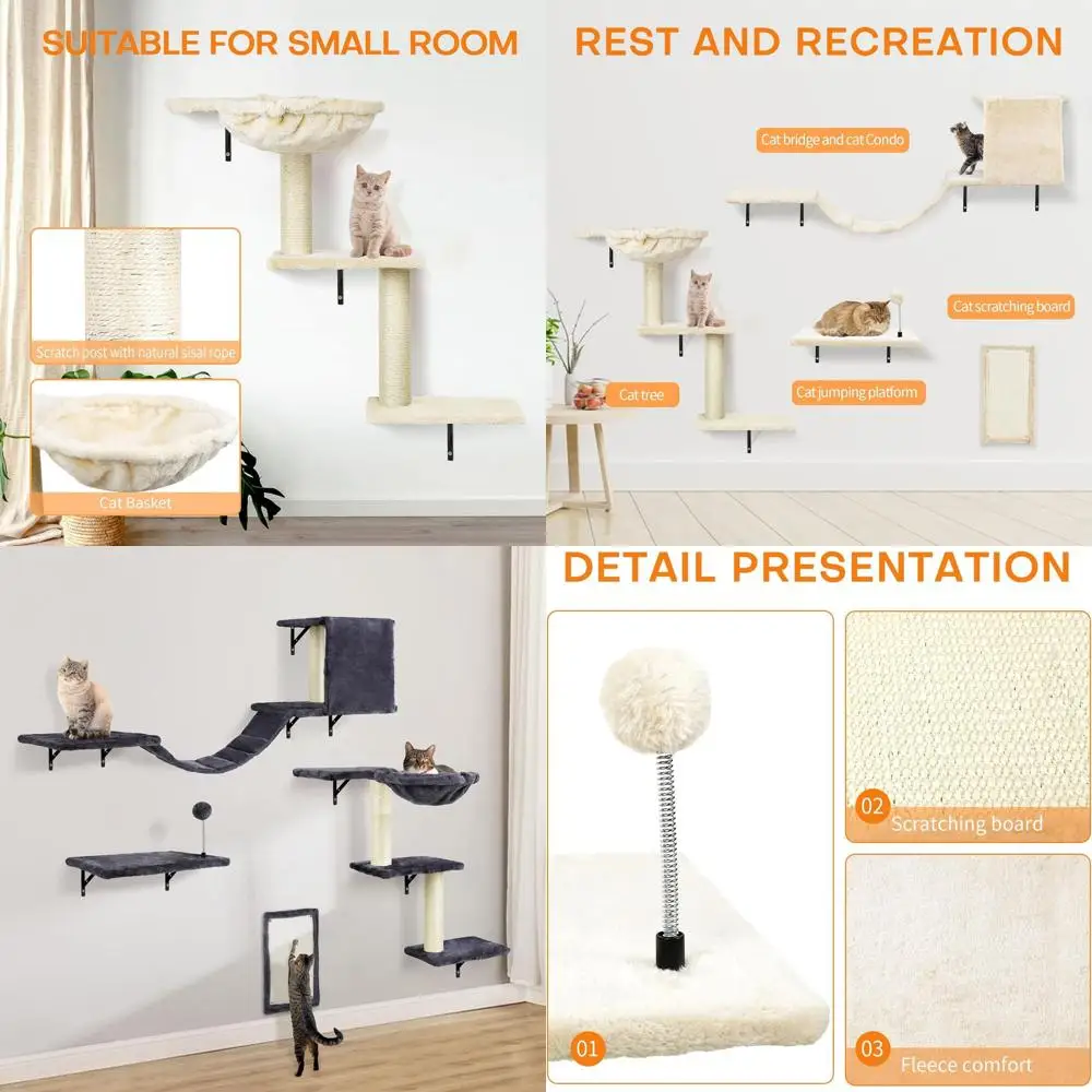 

Деревянный набор для лазания кошек в помещении с настенными полками, жердонами, домом, лестницей, когтеточкой и деревом — серая игровая мебель из 5 предметов