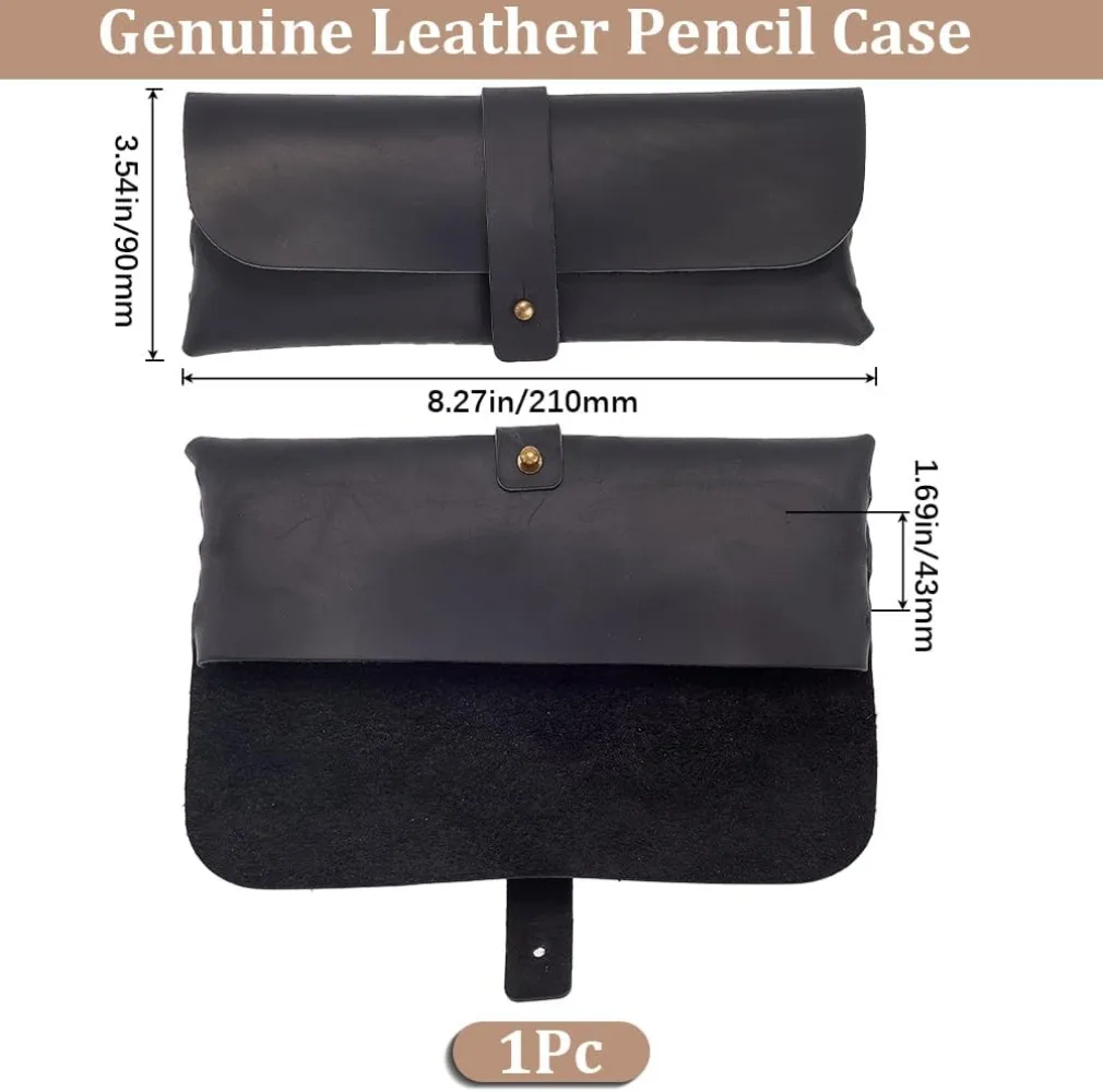 Retro Black Crazy Horse Leather Pencil Case Genuine Leather Snap Cover Pen Cases Large Capacity Leather Pencil Pouch making kit