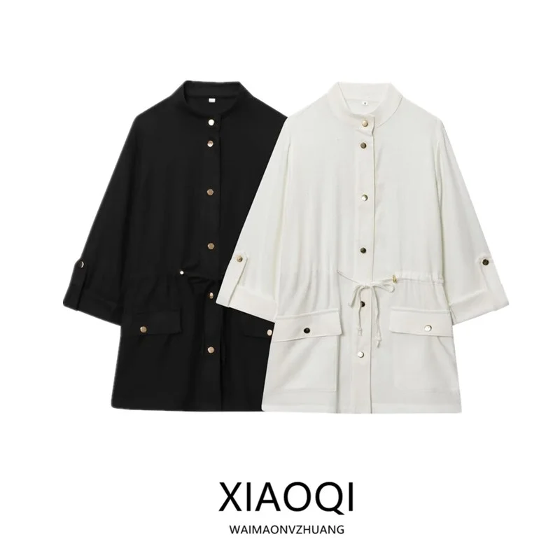 

Spring Summer 2025 Women's Long Sve Linen Blend Hunting Sle irt Versatile Commute Loose Fit mid Length Pure Color Button