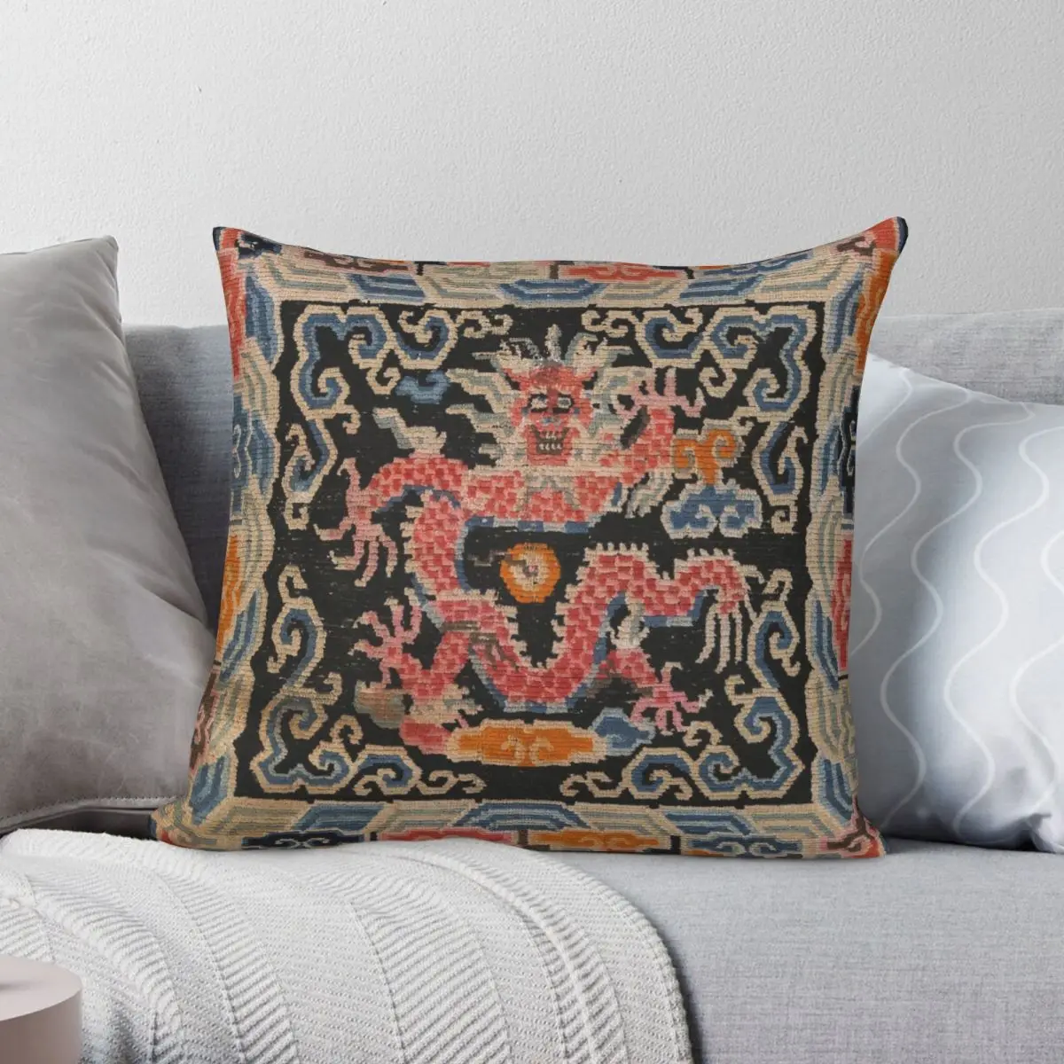 Tibetan Dragon Carpet Pillowcase Polyester Linen Velvet Printed Zip Decor Sofa Seater Cushion Cover