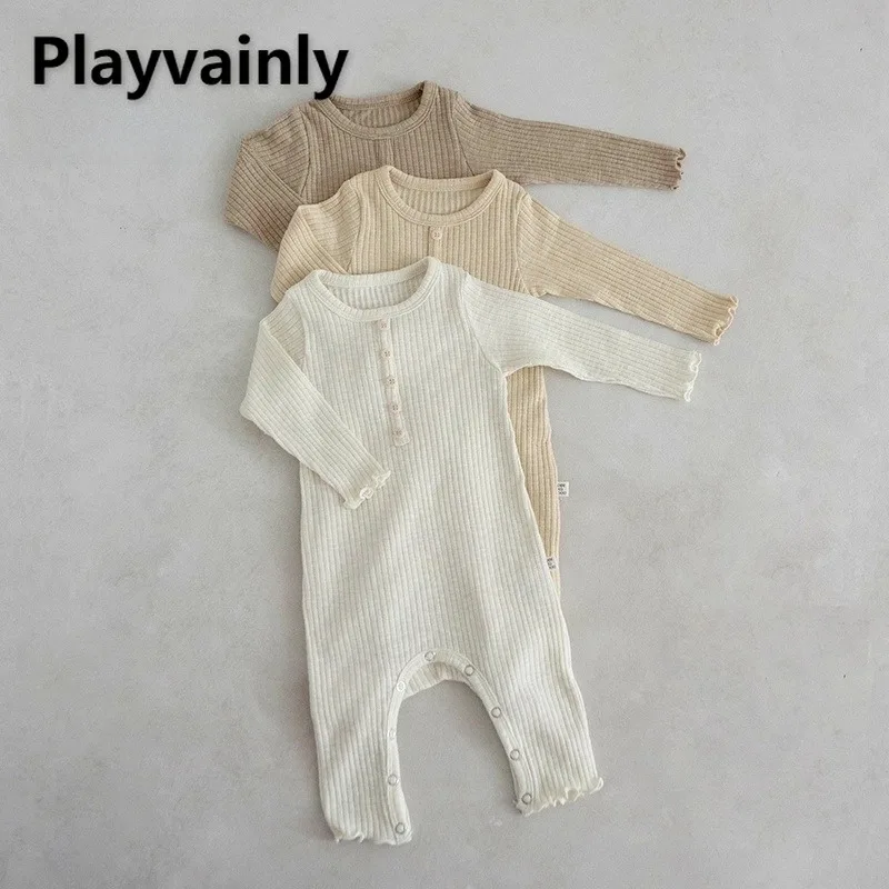 

New Spring Autumn Infant Soft Pajamas Solid Elastic Pit Stripe O-neck Long Sleeve Pullover Rompers Jumpsuit Baby Home Wear A5372