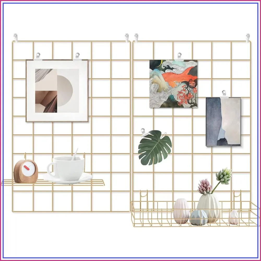 Grid Wire Board, Memo Picture Panel Wall Decoration for Room Office, Mat Photo Hanging Art Display Frames Desk Storage Organizer, 17.3" x 11.8" (2-Pack) Gold