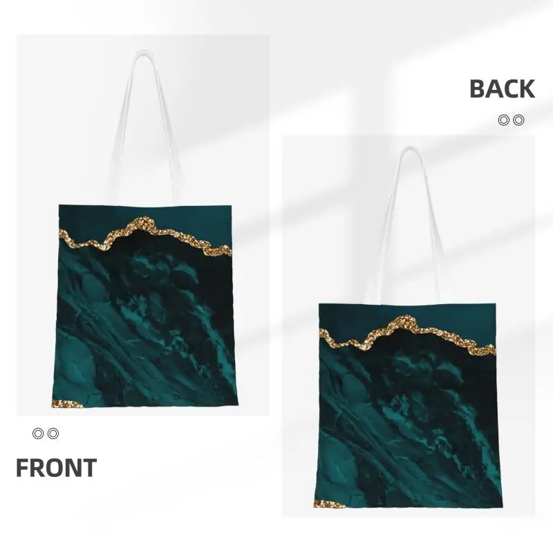 Custom Teal And Gold Agate Texture Canvas Shopping Bag Women Reusable Grocery Geometric Patterns Tote Shopper Bags