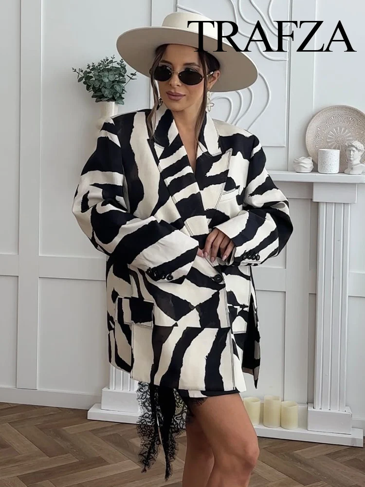 TRAFZA Women Fashion Zebra Stripes Pocket Button Decorate Turn-Down Collar Blazer Jacket+Casual Zipper Slim Pants Blazer Suit