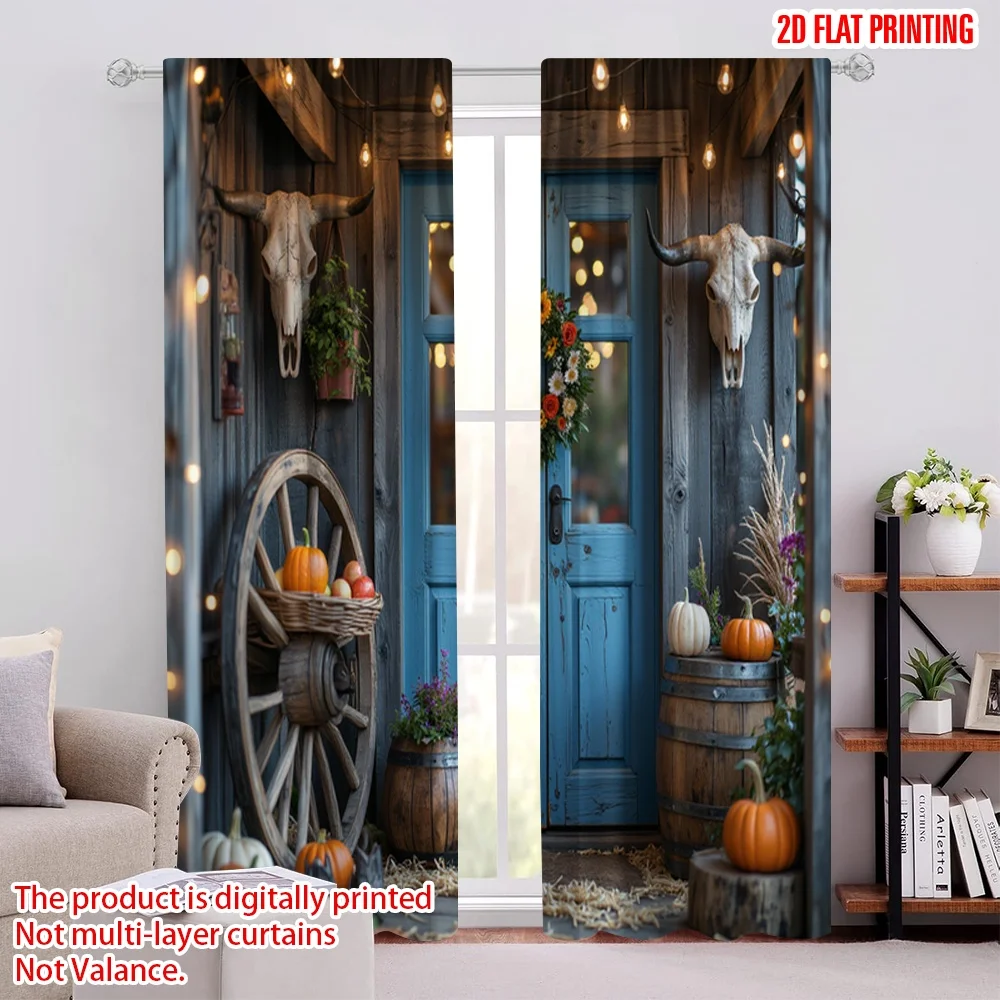 

2pcs 2D flat printing Christmas Drapes Vintage Bohemian Western Cowboy Fabric Without Electricity Party Decorations for Indoor