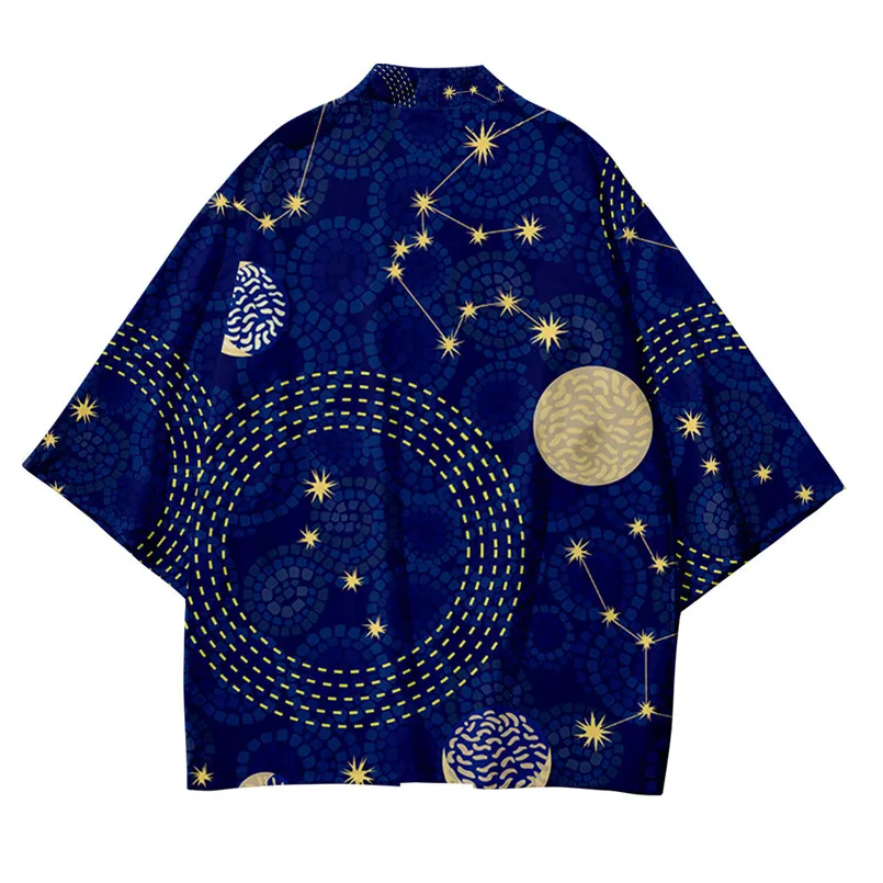 

2023 Men's Japanese Long Kimono Cardigan Men's Samurai Costume Kimono Moon Star Space Pattern Kimono Shirt Yukata Jacket