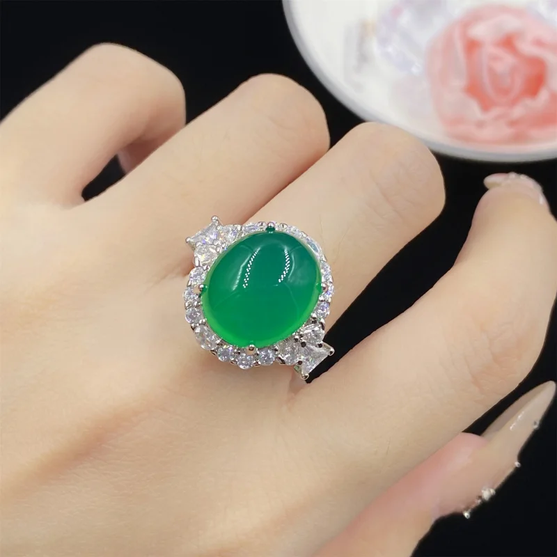 

Natural Chalcedony Oval Green Agate Three-Piece Set Open Ring for Women Elegant Luxurious Pendant Earrings