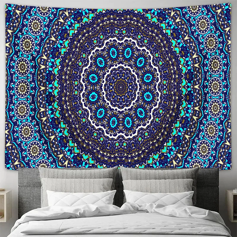 Blue Turquoise Gold Bohemian Mandala Pattern Wall Tapestry Machine Washable All Season Decor Print Home Easy to clean non-toxic