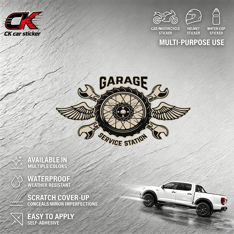 Retro Garage Service Station Motorcycle Wheel Wings Wrenches Graphic for Car Helmet Water Cup Decor