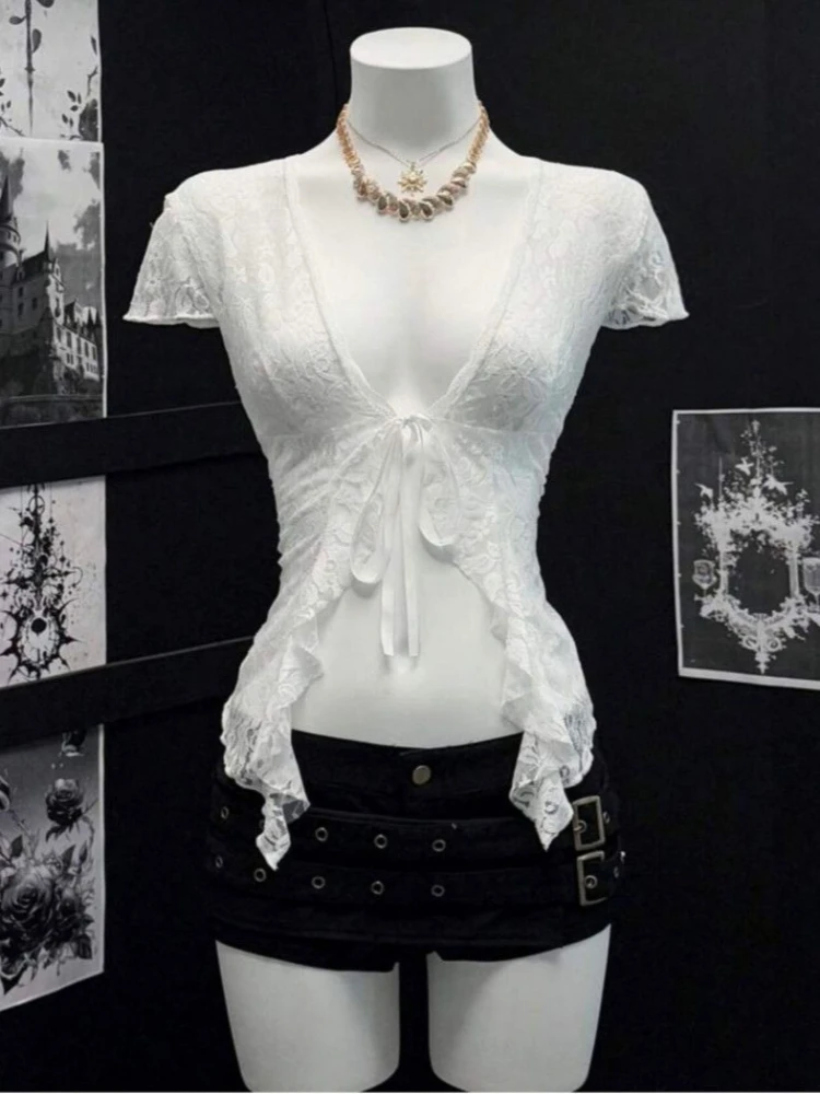 Sexy French Coquette Sheer White Lace Short Sleeve Blouse Women Spicy Girls Deep V Neck Front Ruffle Slim Fit Cardigan Female