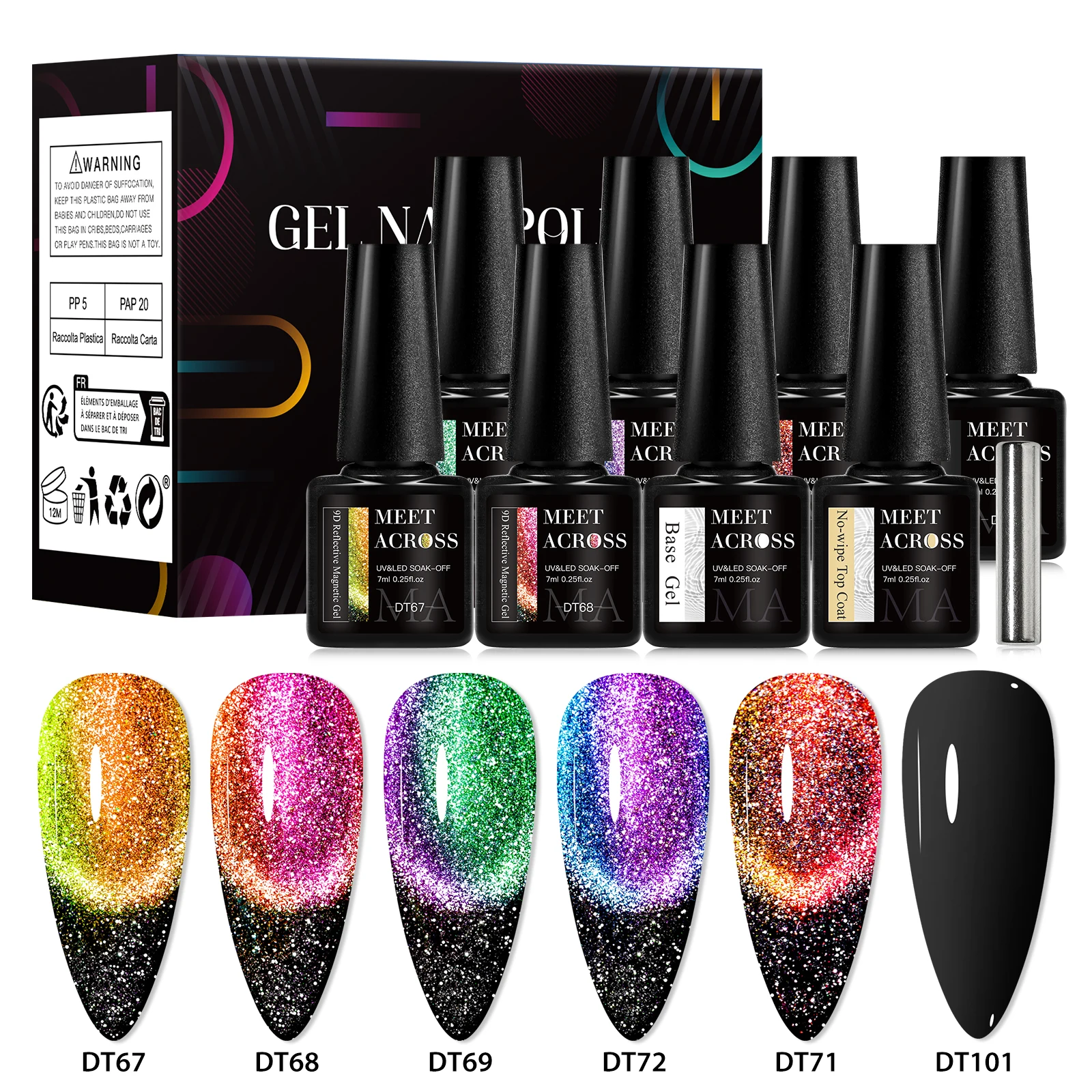 6Pcs Cat Eyes Magnetic Gel Nail Polish Cat Magnetic Aurora Spar Glitter Semi-Permanant Varnish Nail Art Nail Supplies Kit