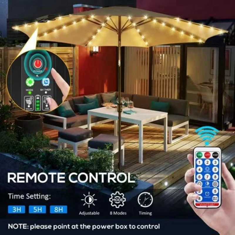 Nuove luci per ombrellone solari con telecomando, lampada per ombrellone a LED per patio ad energia solare con clip per giardino, 8 modalità 104 LED