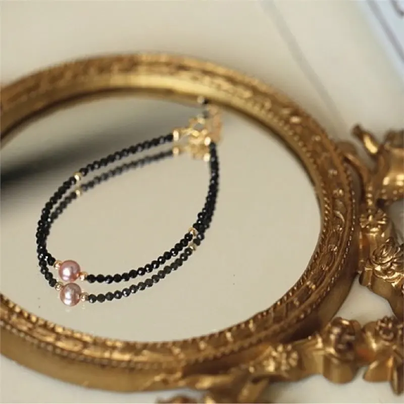Fashion Black Spinel Ultra-fine Bracelet for Women Girl Pink Purple Freshwater Pearl Bracelet Chain Jewelry Gifts