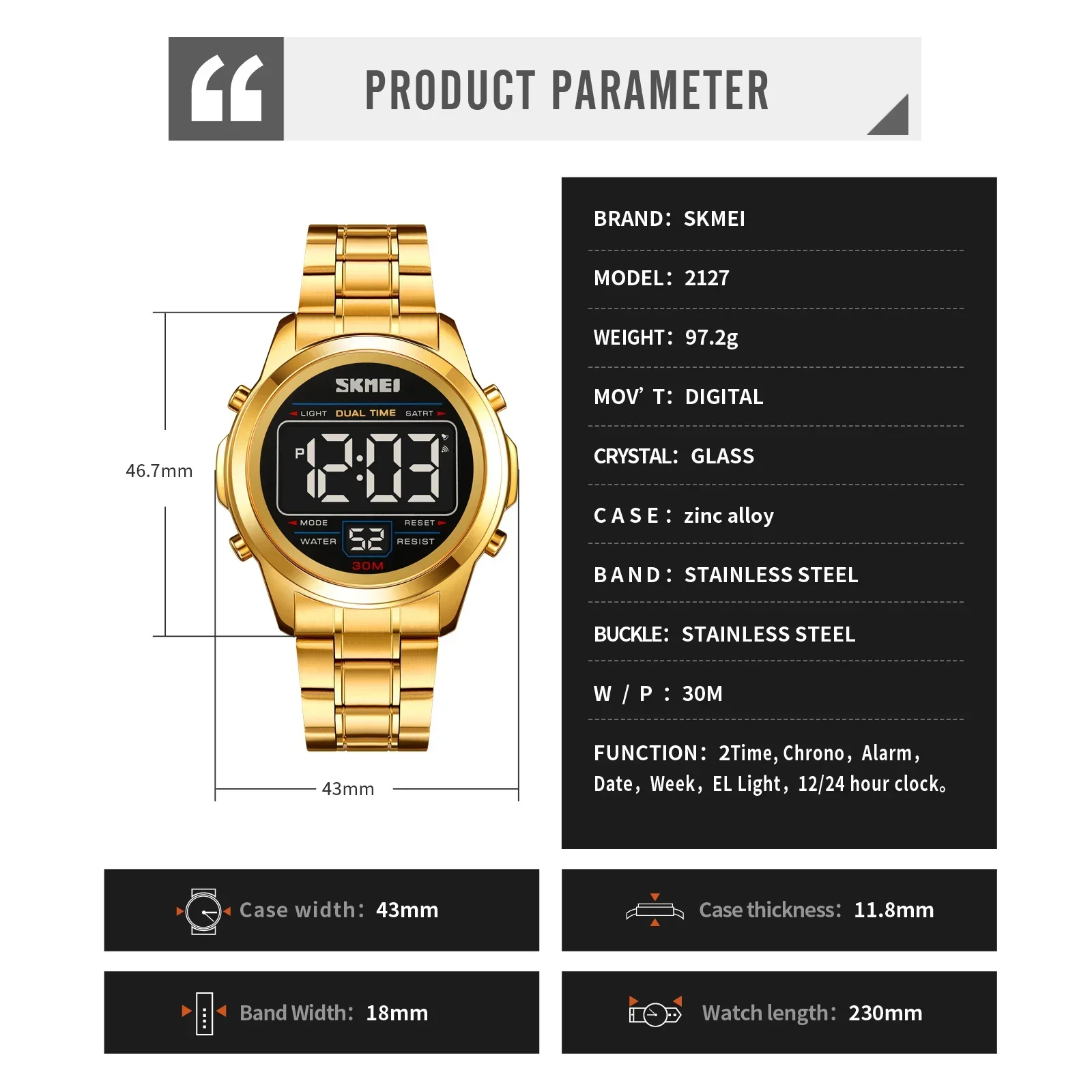 SKMEI Luminous Watch Stainless Steel Chrono Electronic Sports Watches Mens Waterproof Digital Wristwatch Alarm Date Week Clock