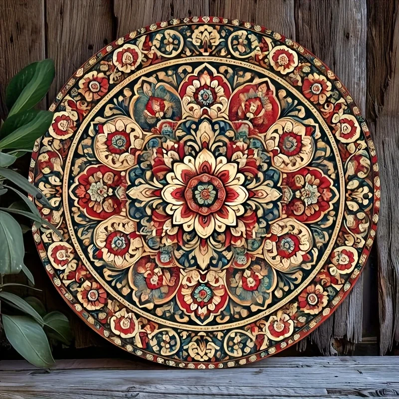 2D Flat, A 2D Flat 7.87x7.87 Inches (20x20cm) Circular Iron Wall Art, Persian Floral Pattern, HD Printing, Detailed, Durable and