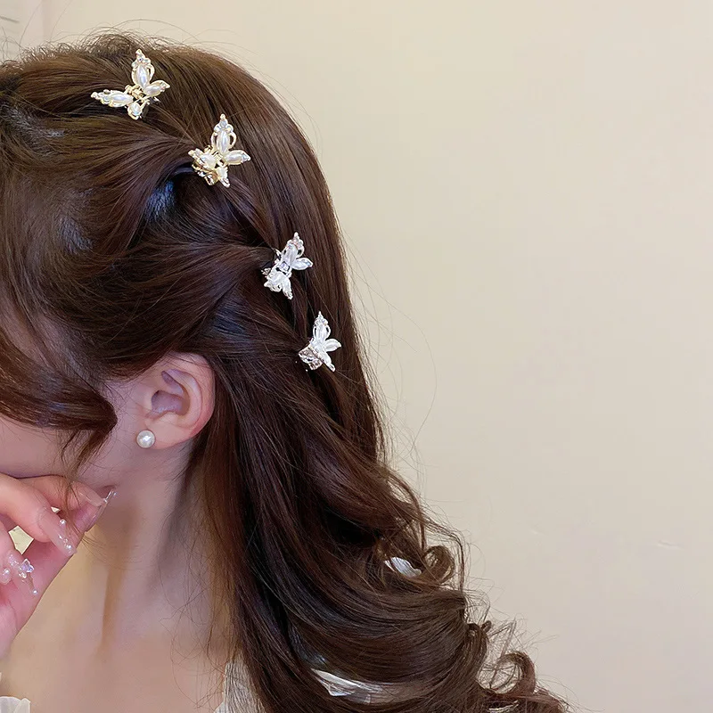 Small Butterfly Hair Claw Clips Gold/Silver Plated Alloy Mini Side Hairpins Pearls Designs Women Girls Trendy Bangs Hair Holder