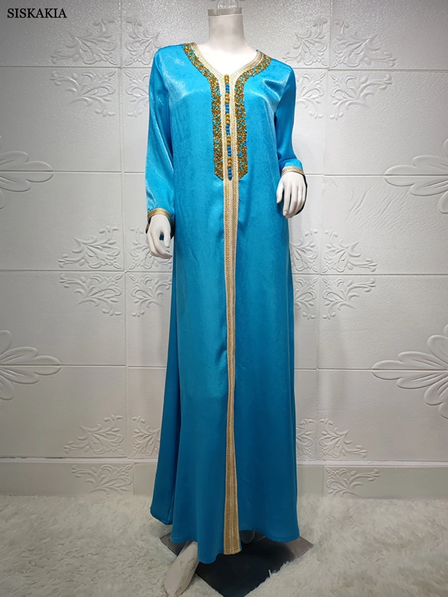 Siklakia Dubai flanel berlian padat pita Trim Abaya Turki pakaian pesta malam lengan panjang V-Neck gaun kasual wanita Teluk