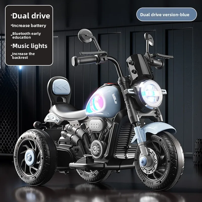 دراجة نارية كهربائية للأطفال بثلاث عجلات، لعبة سيارة قابلة لإعادة الشحن، أضواء موسيقية، محرك مزدوج، مقعد ثابت ومسند الظهر