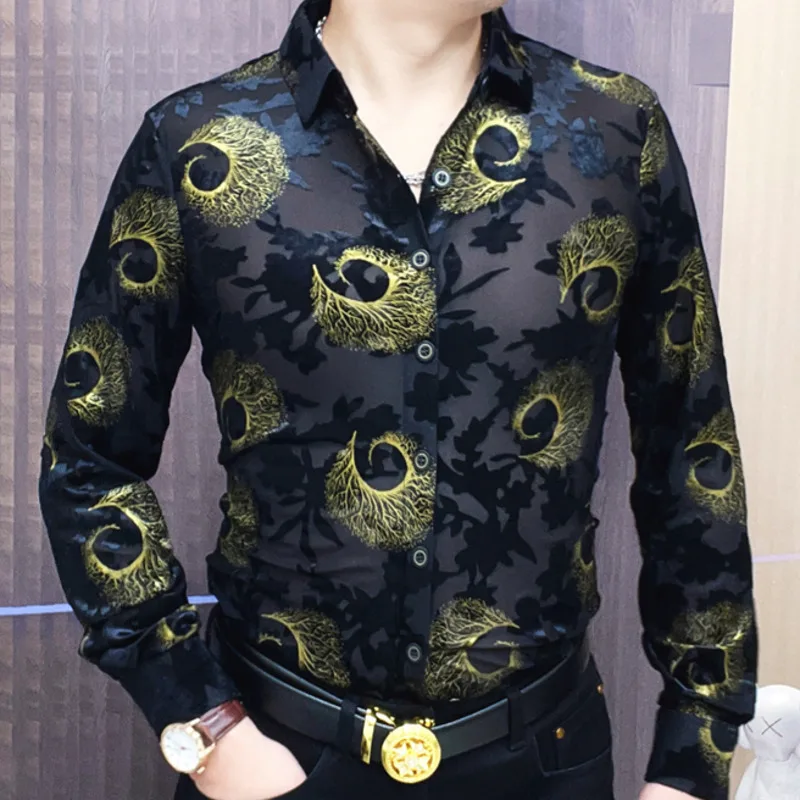 Black Gold Soft Velvet Slim-fit Men Clothing Nightclub Long Sleeved Sexy Shirt  See Through Top Quality Transparent Floral Shirt