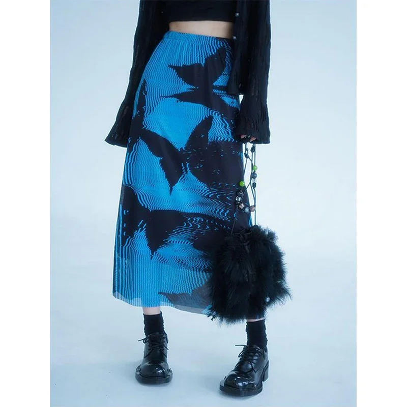 Korean Mesh Print Midi Skirt Women Gothic Butterfly Pleated Skirts Summer Vintage Aesthetic High Waist A Line Faldas y2k skirt