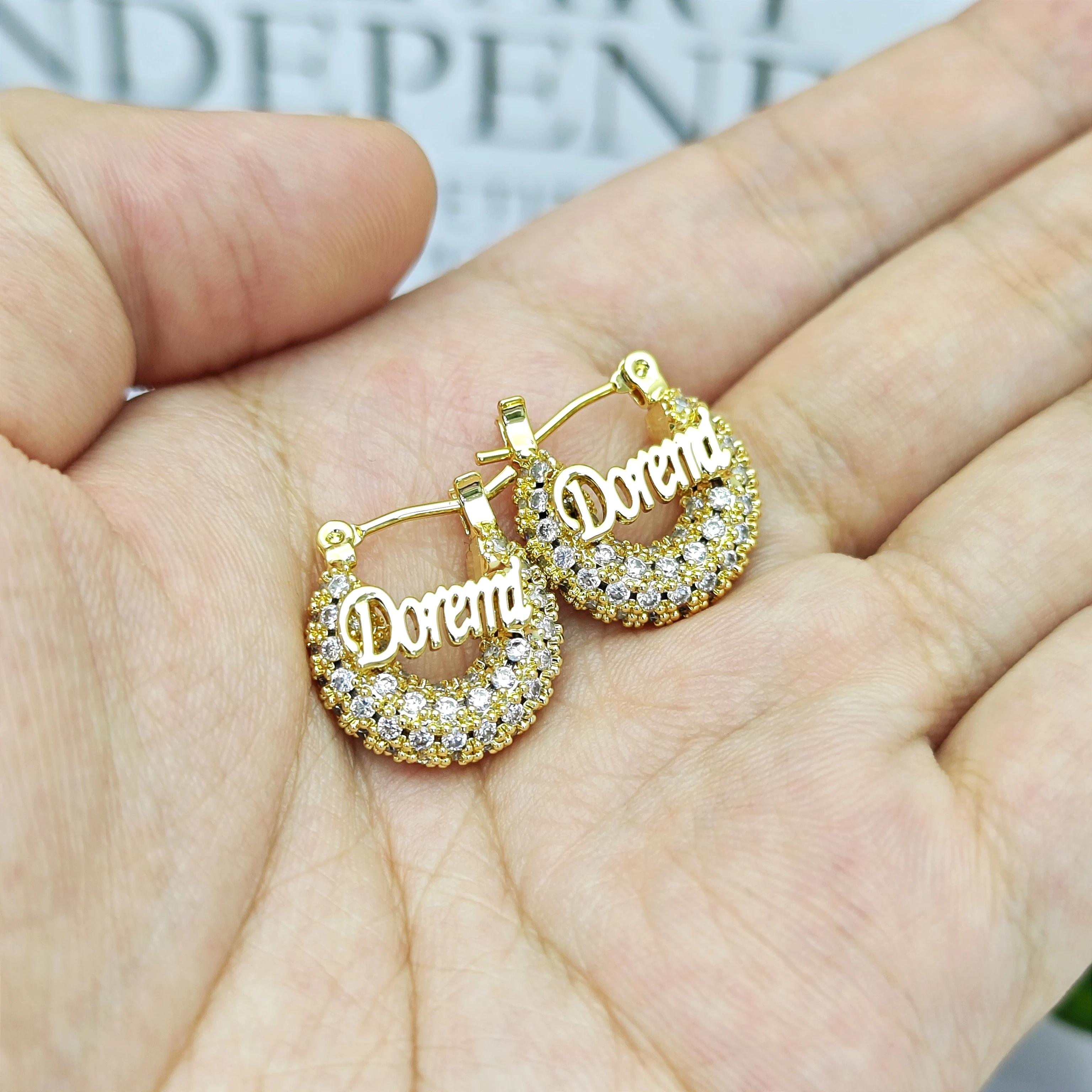 DOREMI 16mm Full Zircon Custom Name Earring Jewelry Gift for Girls Children Mini Customized Name Hoop Bling Earring