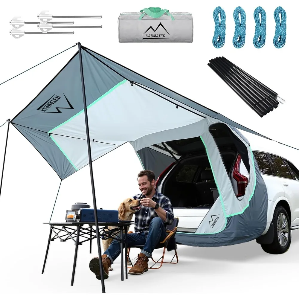 

Палатка на заднюю дверь внедорожника со столбами, 3-сторонним тентом, навесом и москитной сеткой для кемпинга в хэтчбеке, универсальное решение для палатки автомобиля