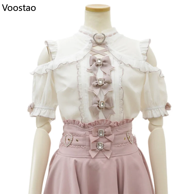 Gothic Lolita Blouses Women Sweet Bow Off Shoulder JK Shirt Japanese Girls Elegant Love Heart Lace Ruffles Blusas Mujer Tops