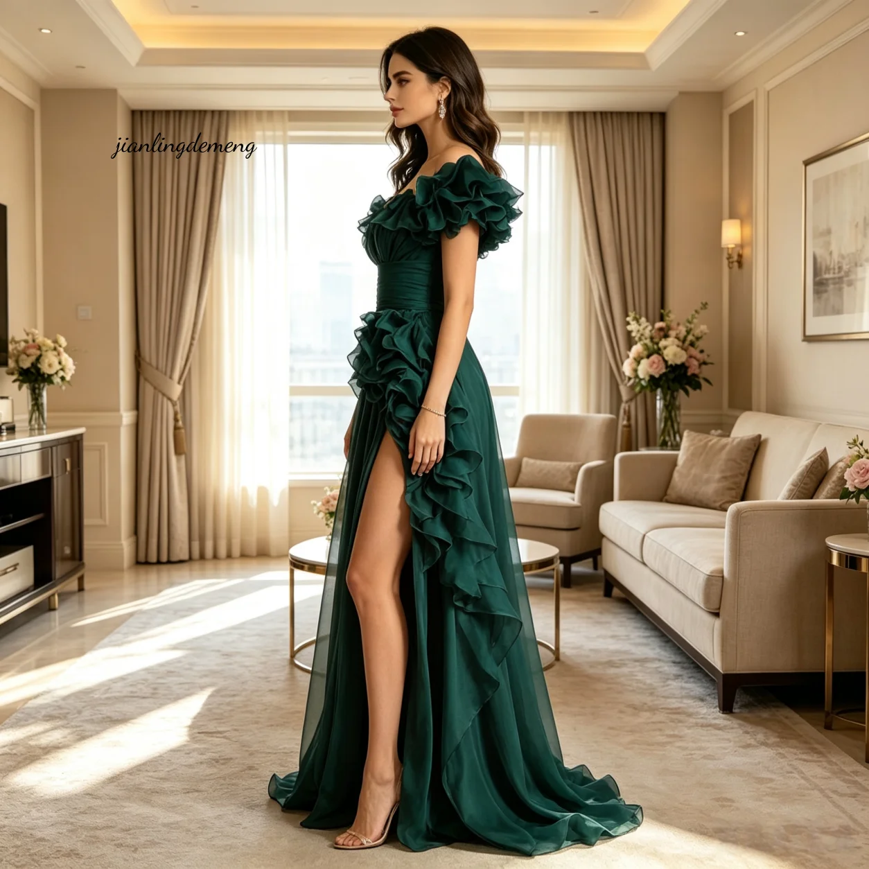 High Slit Long Train Chiffon Prom Dress Off The Shoulder Dark Green Deep V Neck 3D Ruffle Detail Ruched Evening Gown Customized