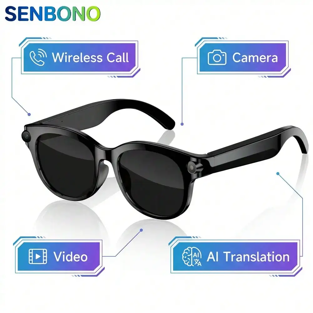 

Умные очки SENBONO с AI-камерой 2 МП, голосовым управлением, распознаванием/переводом фото, беспроводными звонками и управлением музыкой