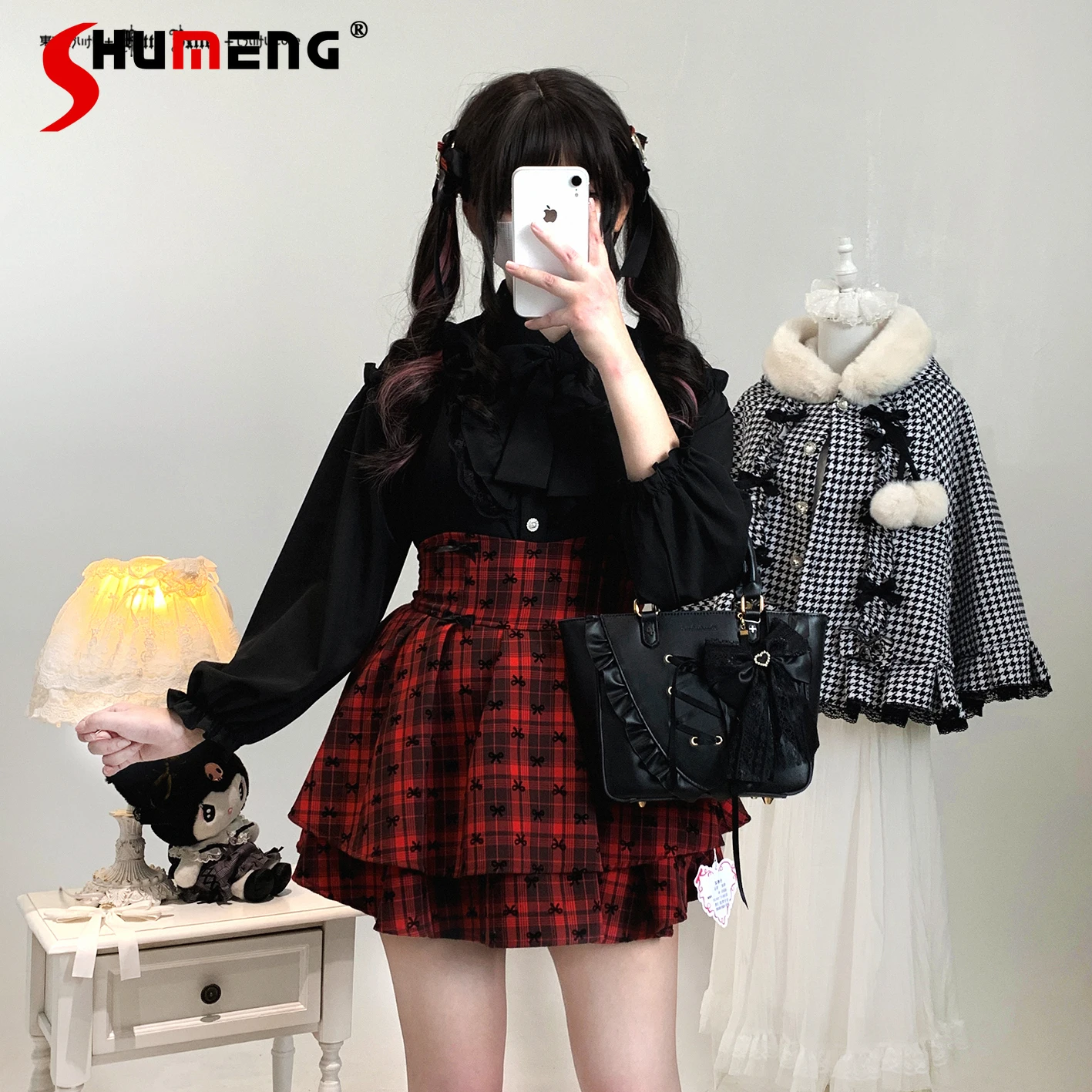 الأصلي الألغام الإنتاج الضخم الأحمر منقوشة تنورة Pring والخريف جديد الفتيات المرأة عالية الخصر التخسيس أنيقة لوليتا السراويل تنورة