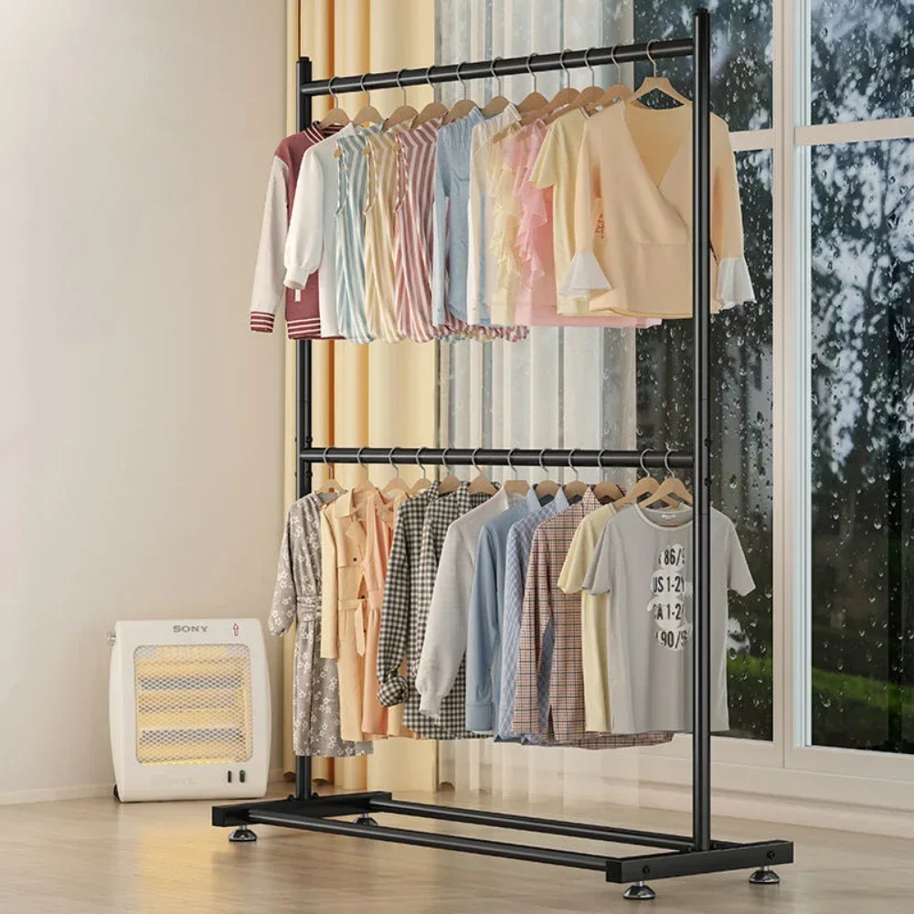 Double Layers Coat Rack Simple Rolling Floor Hanger Stand Shelf Home Furniture Living Room Wardrobe Shoerack Shelf Clothes Rack