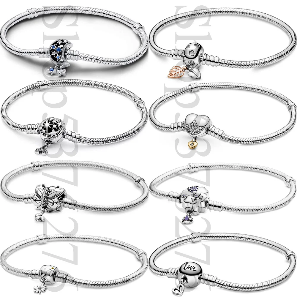 

925 Sterling Silver Moments Castle Moon Shooting Star Clasp Fashion Snake Chain Bracelet Fit Women Bead Charm Gift DIY Jewelry