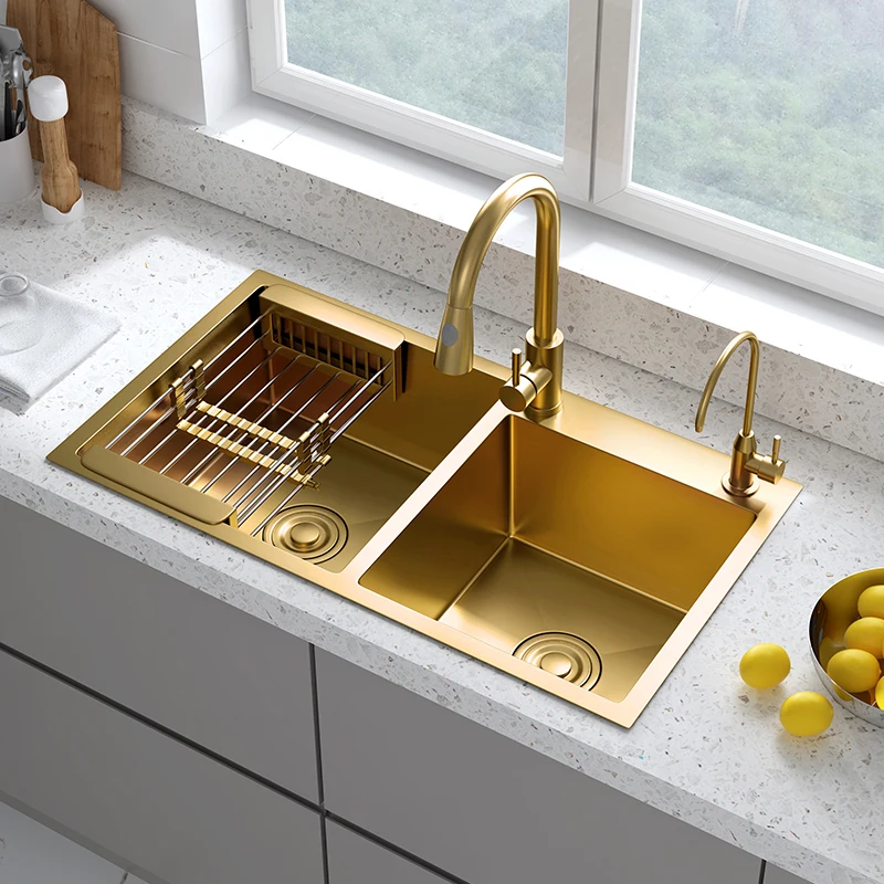 

Hunsi Nano Gold Sink Vegetable Wash Basin Double Sink Kitchen Dishwasher 304 Stainless Steel Handmade Household Dishwasher