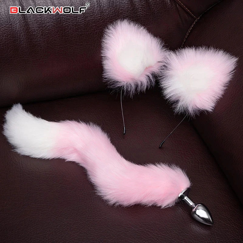 BLACKWOLF Cute Tail Anal Plug Cat Ears Headbands Set Adult Games Anal Bead Metal Butt Plug Erotic Cosplay Sex Toys For Women