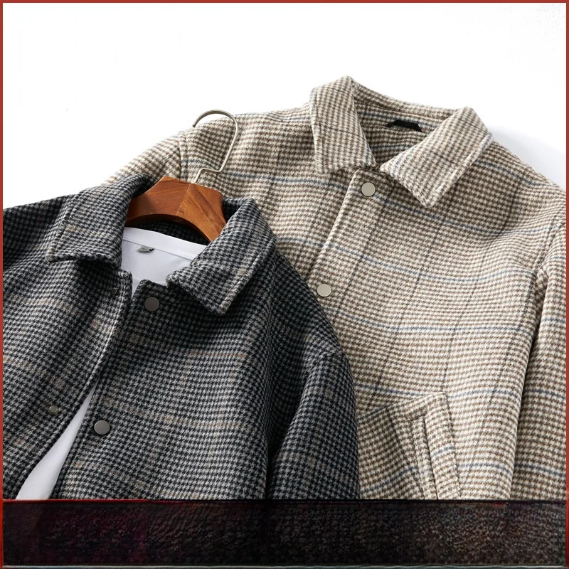 

Retro American Woolen Plaid Men's Casual Thiened Woolen Jaet Autumn Winter Faionable Outerwear Comfortable Flannel Coat