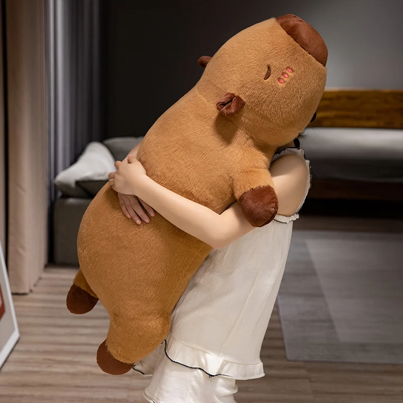 Brown Lying Capybara Stuffed Pillow Kawaii Aquatic Animal Sleeping Cartoon Plushie Long Bolster Leg Body Support Gift