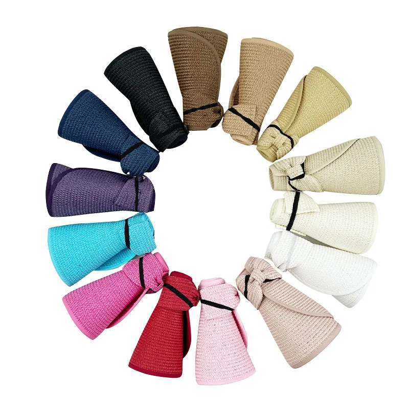 2026 New Women Summer Visors Hat Foldable Wide Large Brim Bowknot Empty Top Straw Hats Chapeau Femme Beach UV Protection Caps
